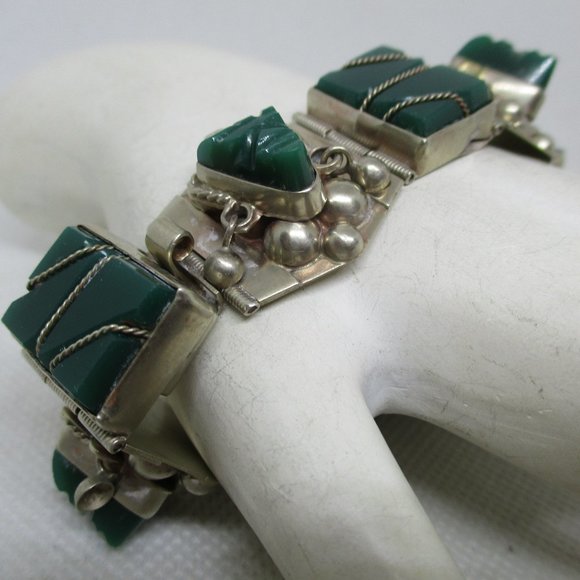 MEXICAN SILVER Green Onyx Tribal Masks Bracelet Gemstone Rectangles Sectional - Picture 3 of 12